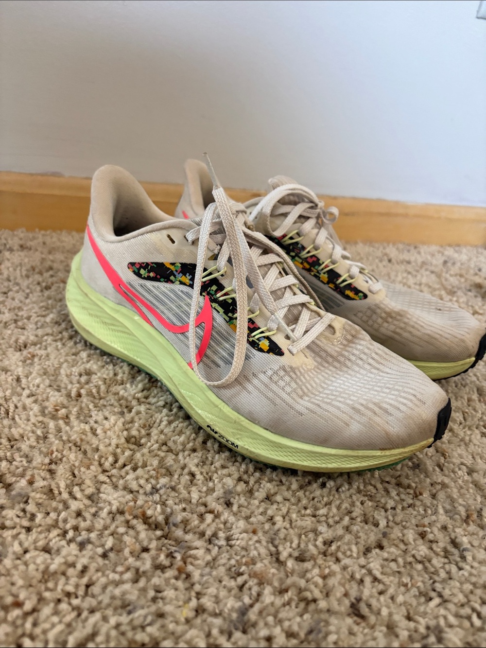 Nike Women's Neutral Running Shoes in Beige with Neon Green and Hot Pink Accents